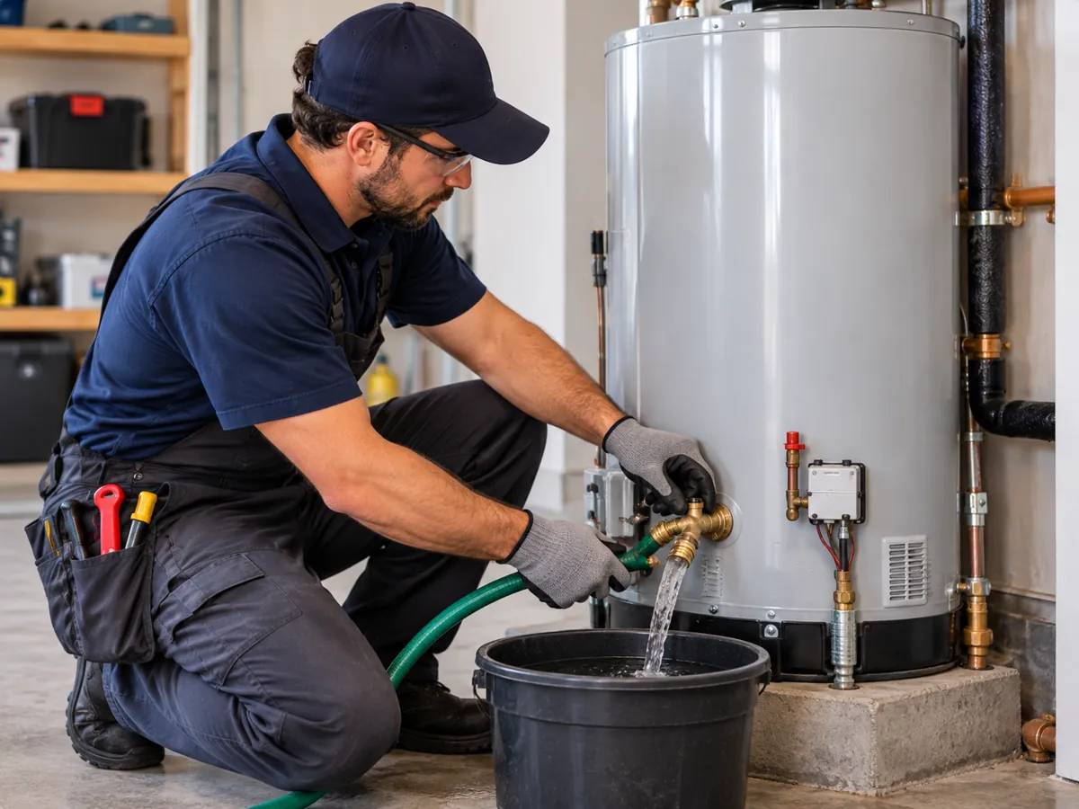Water heater maintenance flushing water through a hose