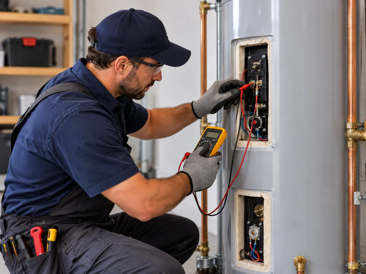 Technician inspecting electric water heater controls