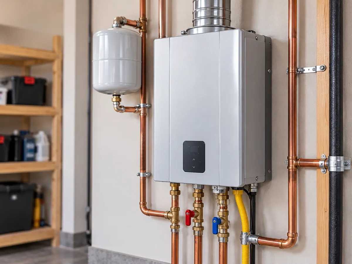 Wall-mounted tankless water heater with copper pipes
