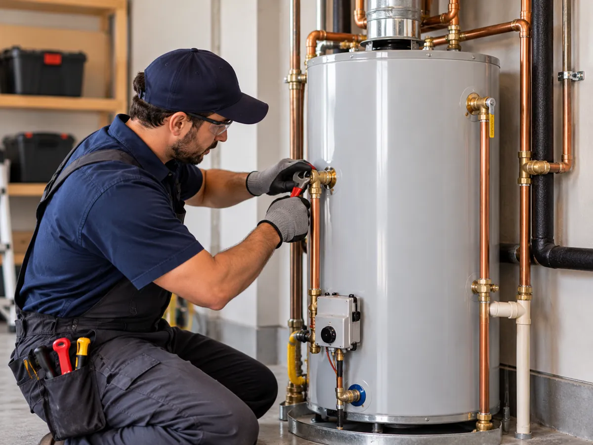 Technician diagnosing a residential storage tank water heater