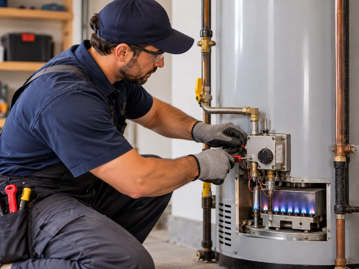 Technician examining a gas water heater control and burner