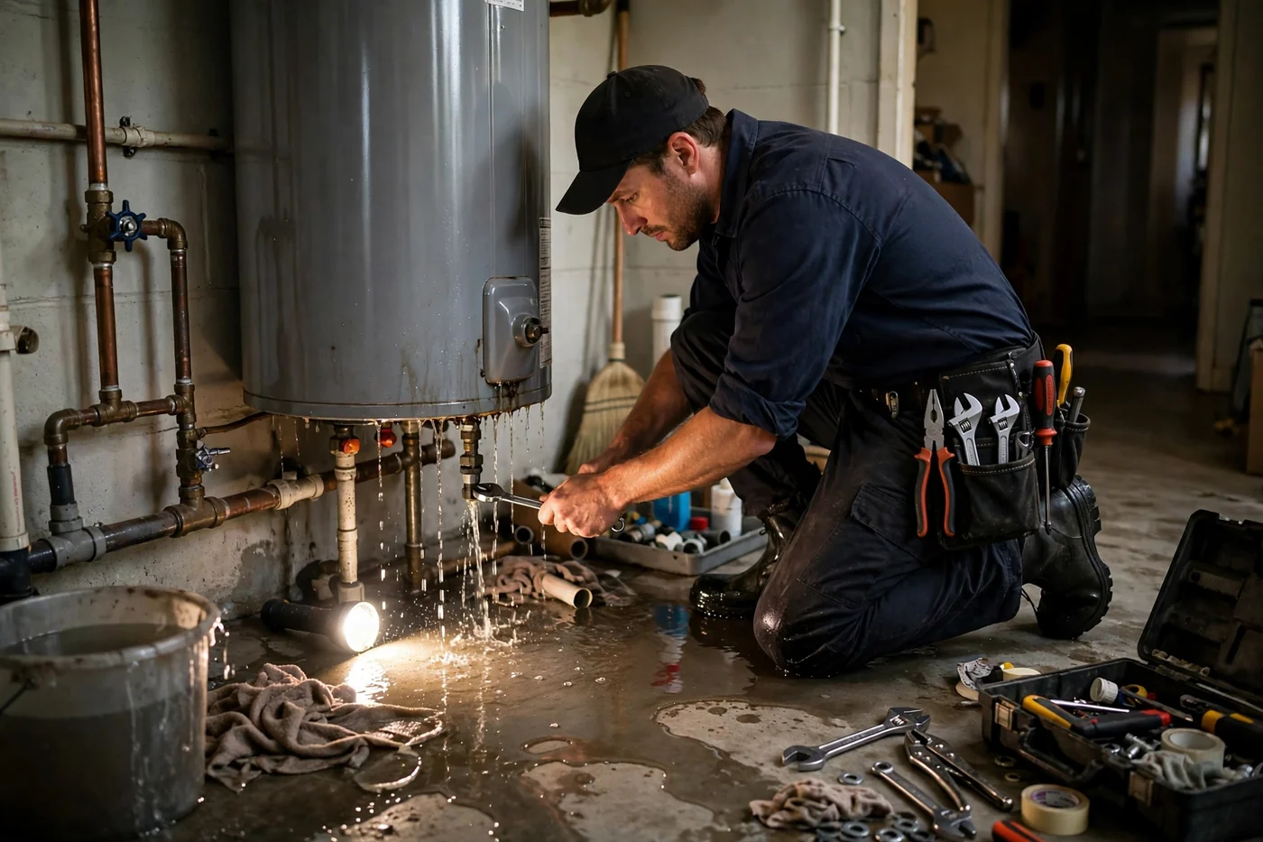 Technician attending to a water heater leak in a utility room