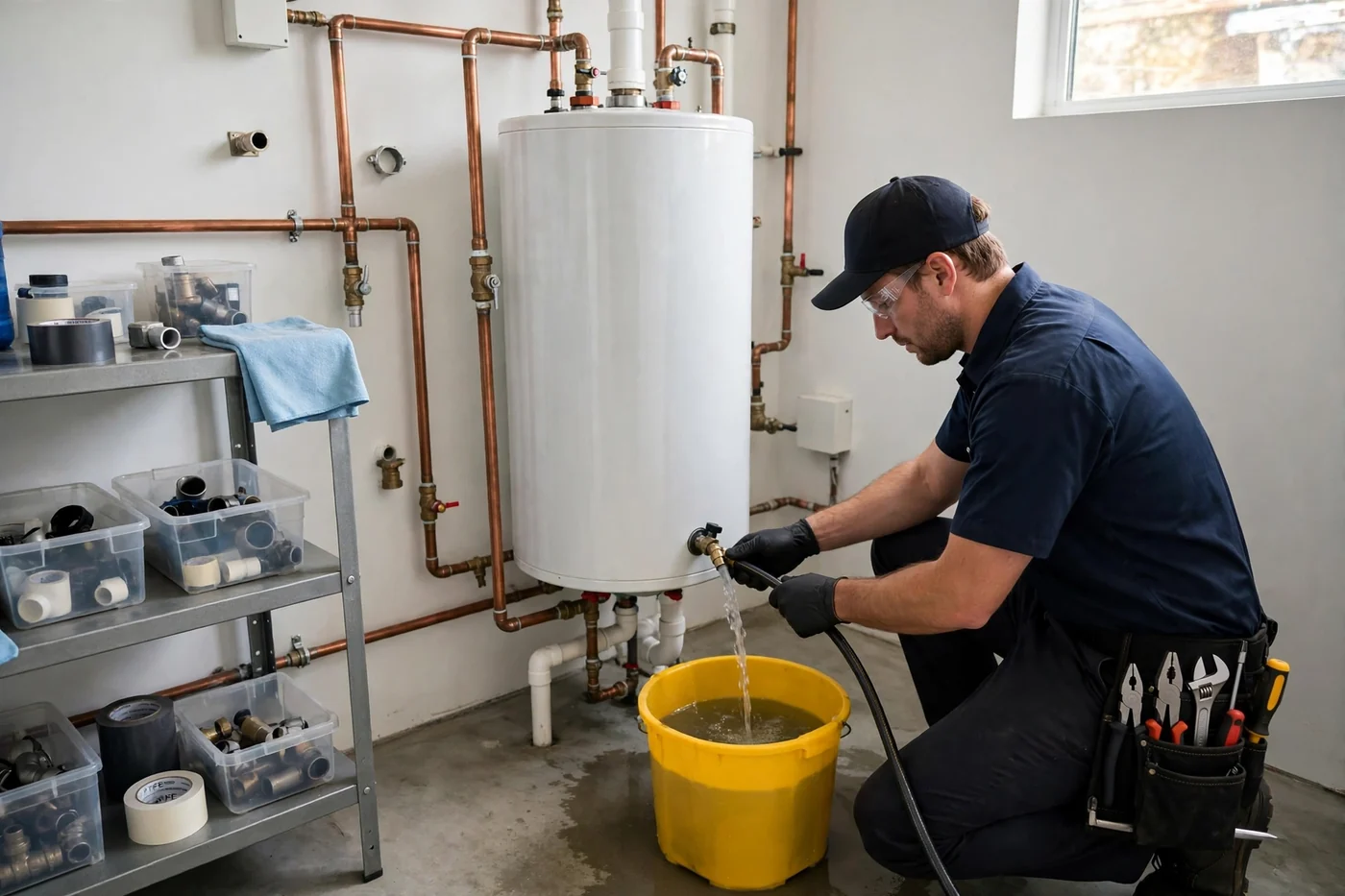 Technician examining a residential water heater